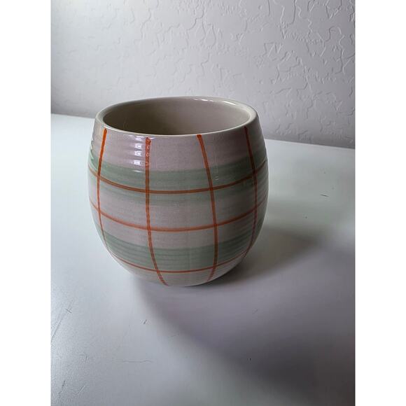 WORLD MARKET Orange Green Plaid Bubble Ceramic Coffee Mug - Picture 2 of 8